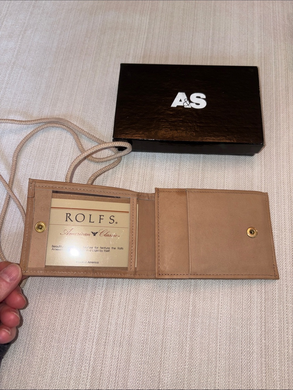 Vintage Rolfs Tan Leather Wallet with Gold-Tone Snap and Strap